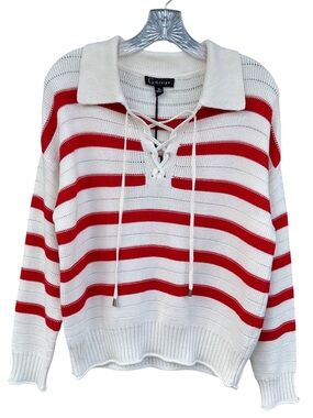 Greige Red & Ivory Striped Lace-Up Knit Polo Sweater Size Small‎ NWT